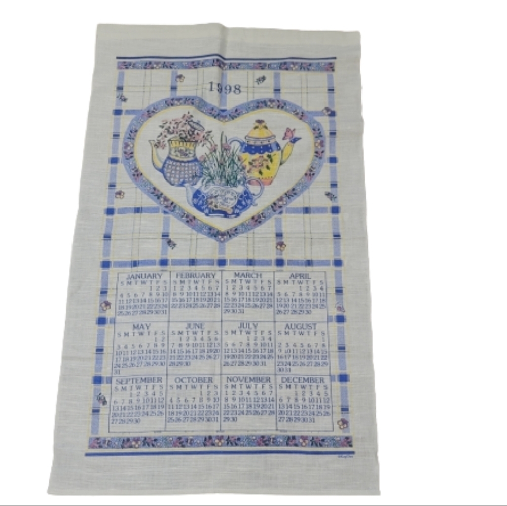 Vintage 1998 Blue White Calendar Tea Towel Cottagecore Farmhouse Kitchen Decor